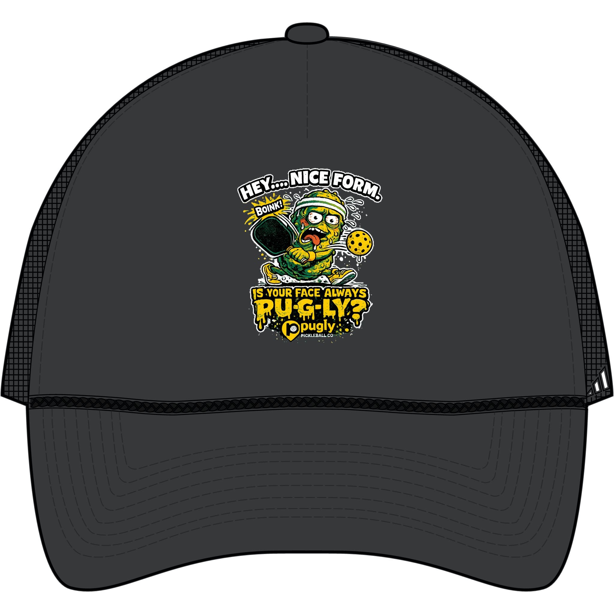 Trucker Cap — 'Pug-Ly?' Cartoon Skull Pizza Hat (Hey...Nice Form!)