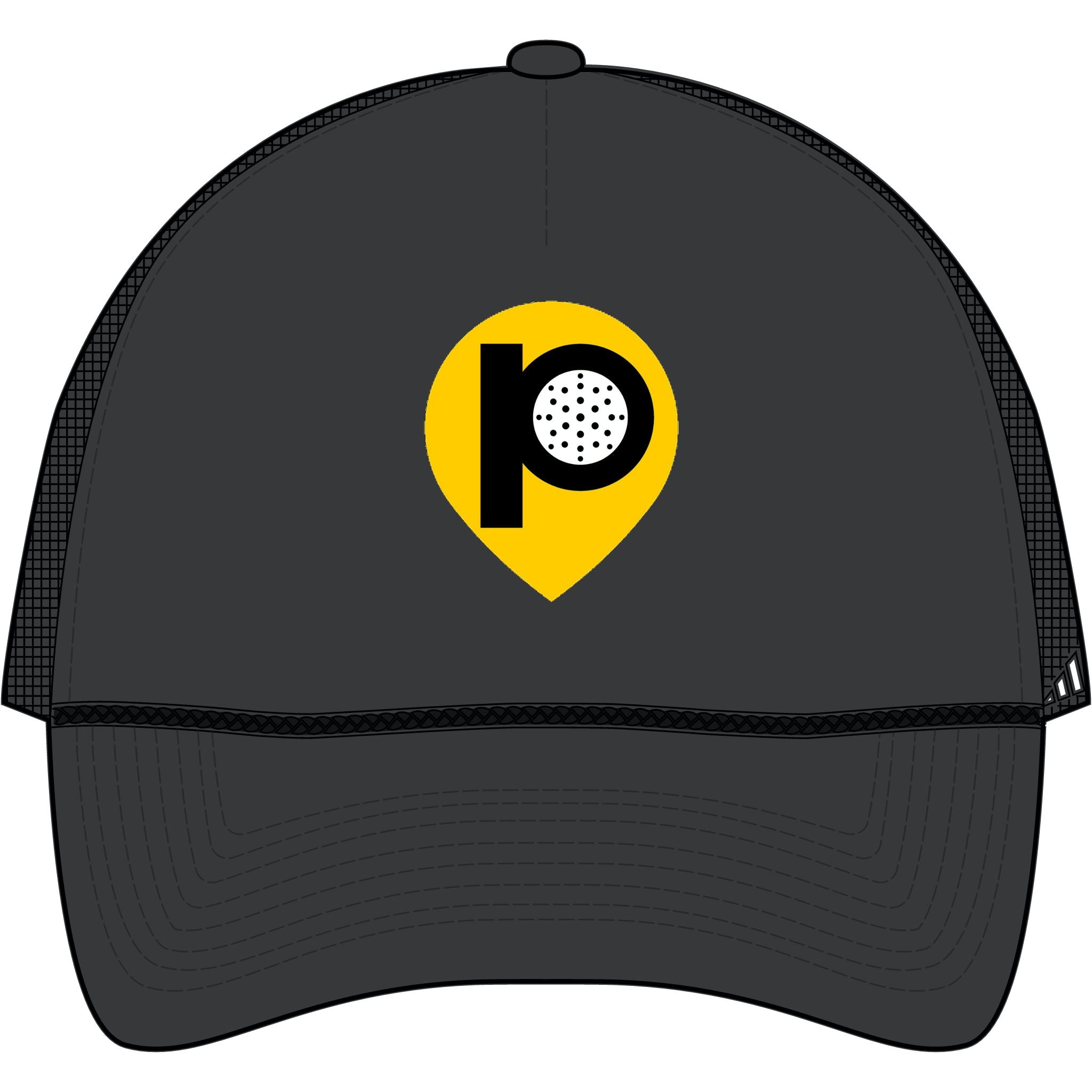 Golf Pin Logo Trucker Cap — Mesh Back Golf Hat with Yellow Pin Emblem